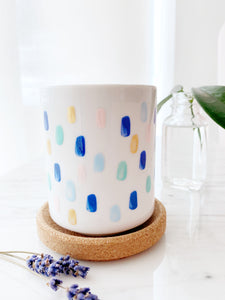 Hand Painted Porcelain Small Planter with Pure Soy Candle - Blue, Teal, Blush Pink, Gold Confetti