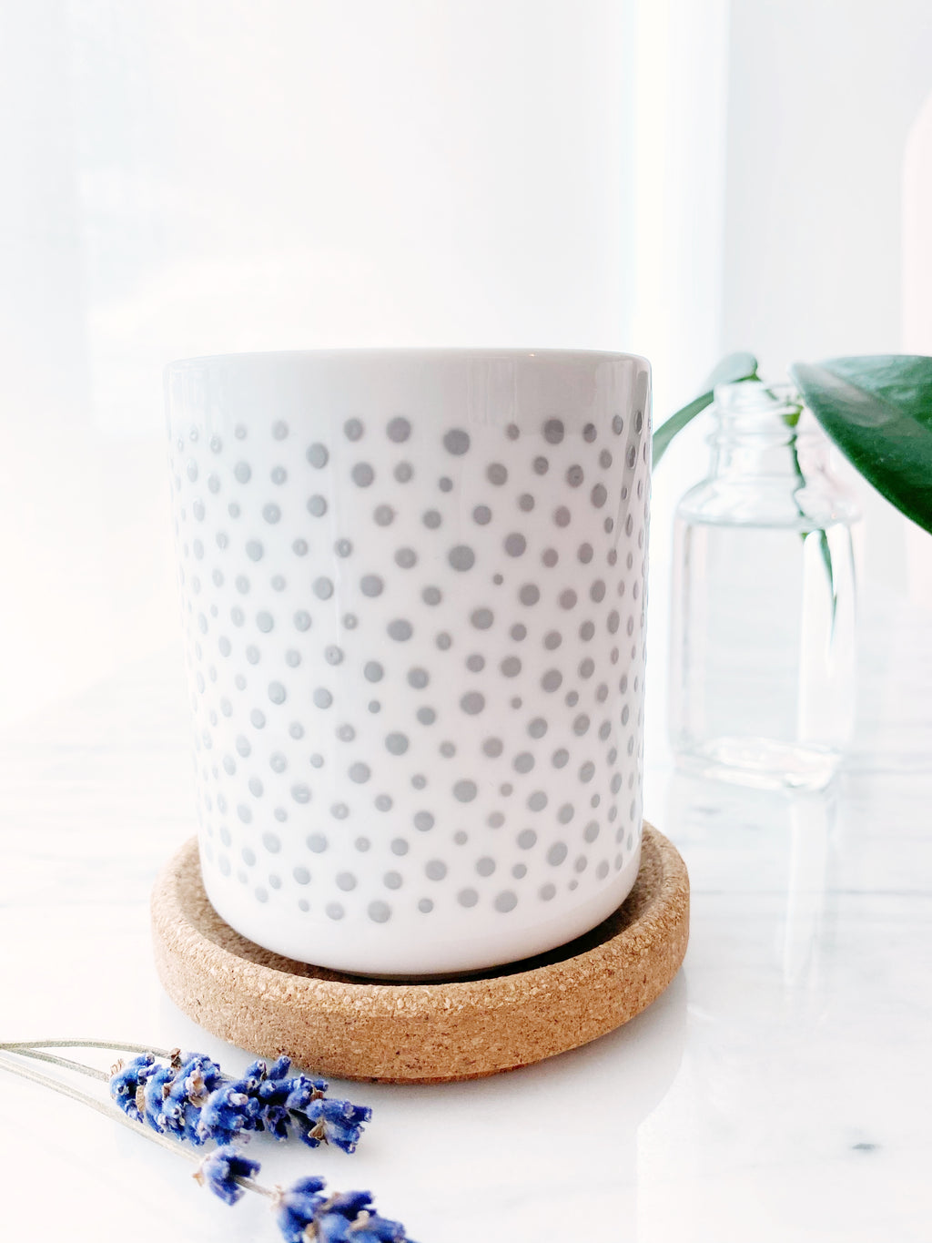Hand Painted Porcelain Small Planter with Pure Soy Candle - Light Grey Dots