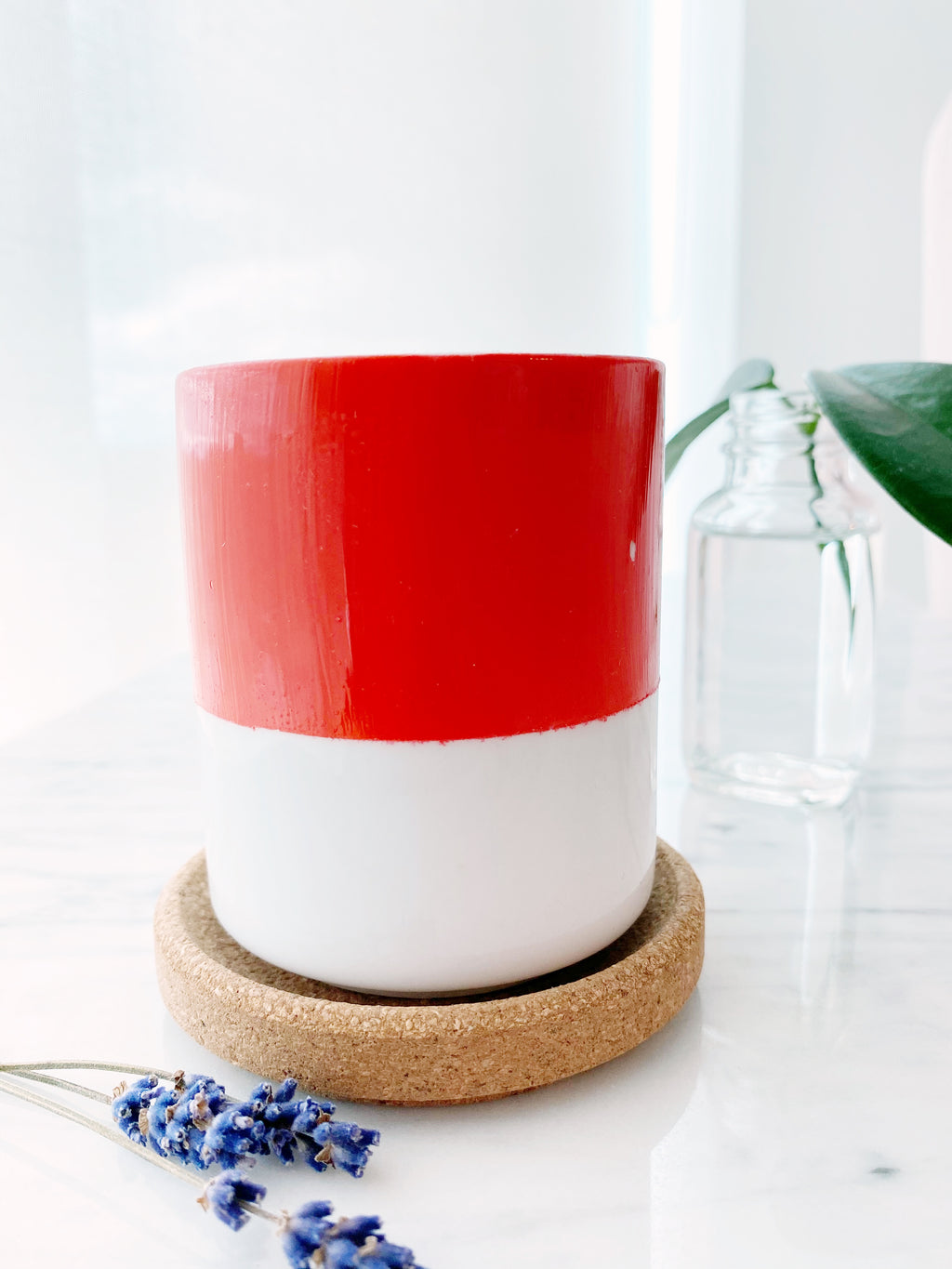 Hand Painted Porcelain Small Planter with Pure Soy Candle - Living Coral Colour Block