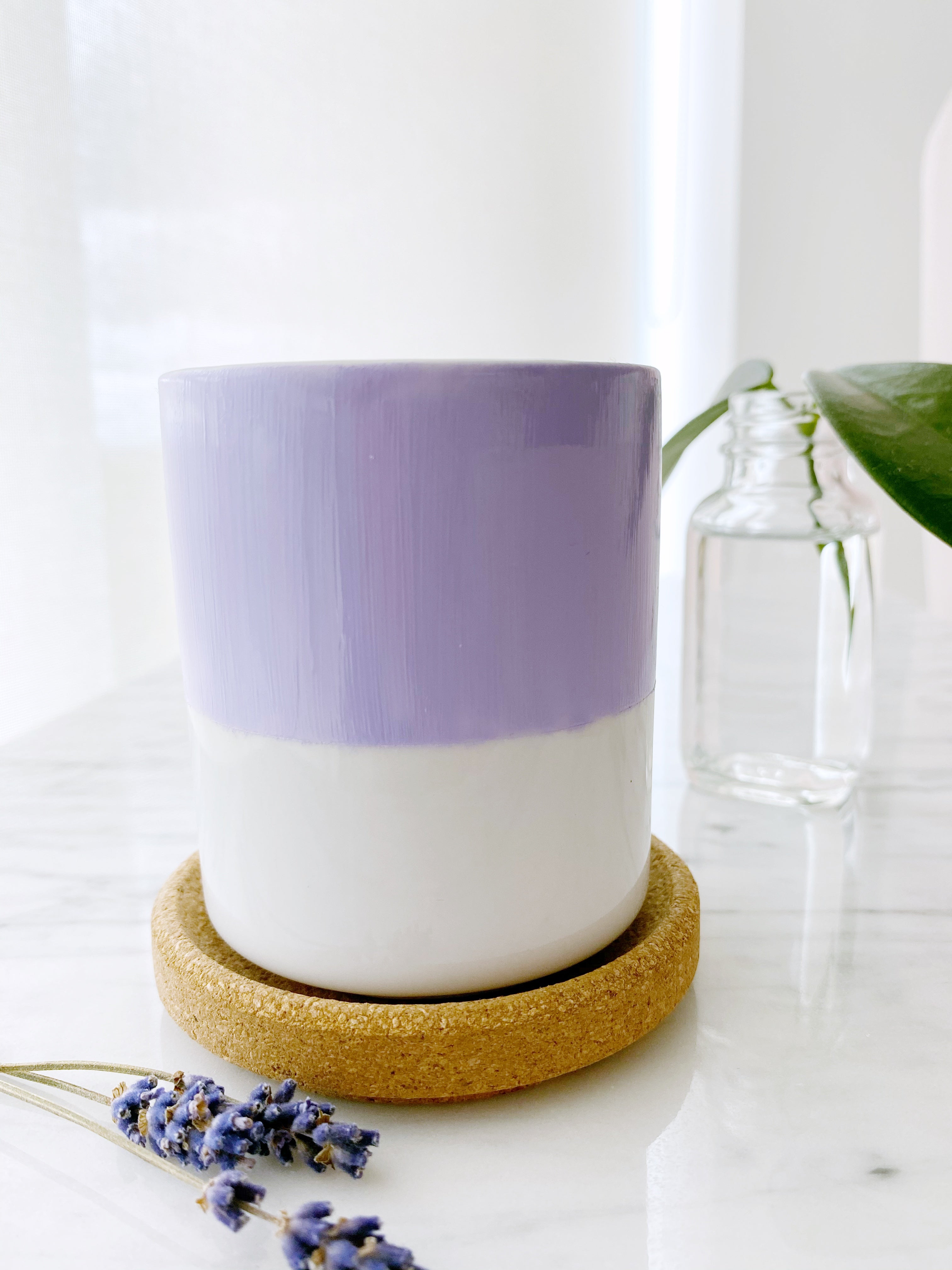 Hand Painted Porcelain Small Planter with Pure Soy Candle - Lilac Colour Block