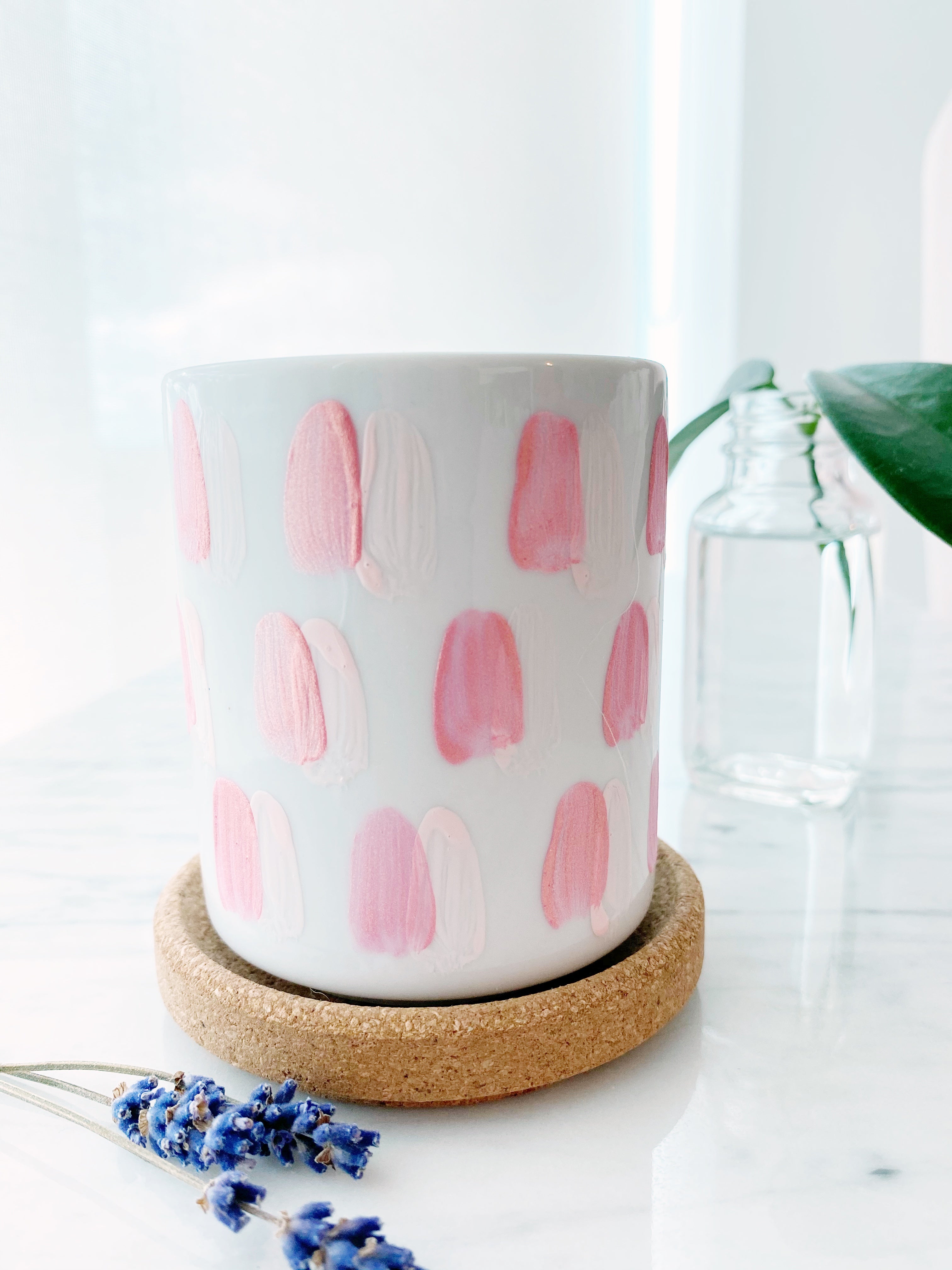 Hand Painted Porcelain Small Planter with Pure Soy Candle - Blush Pink Hot Pink Brush Strokes