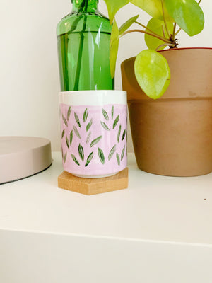 Hand Painted Porcelain Small Planter with Pure Soy Candle - Lilac and Green Leaves