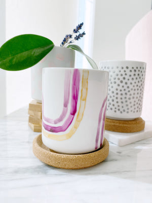 Hand Painted Porcelain Small Planter with Pure Soy Candle - Purple and Gold Modern Lines