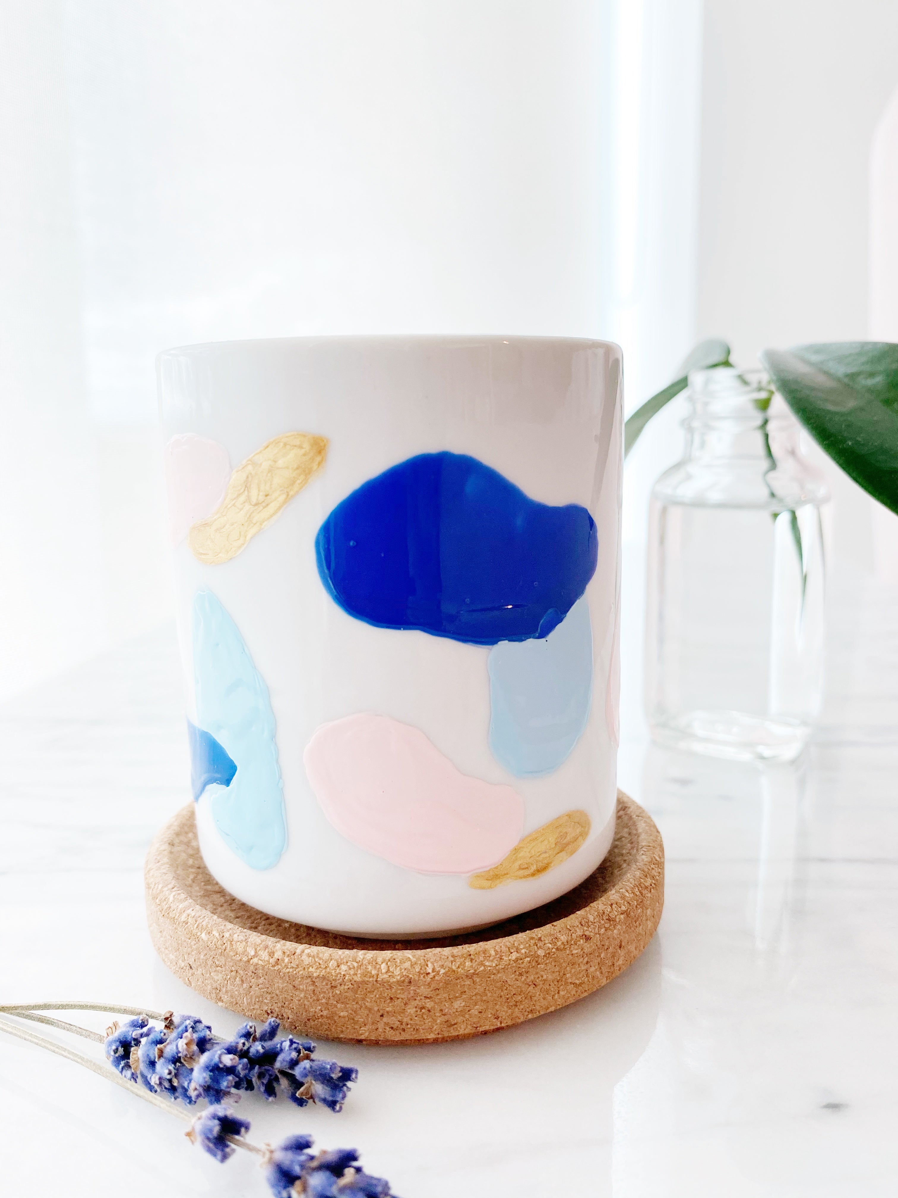 Hand Painted Porcelain Small Planter with Pure Soy Candle - Blue and Pink Abstract