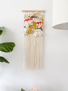 Woven Wall Hanging - Coral, Gold, and Grey