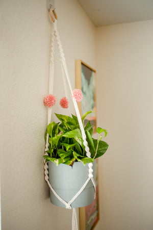 Boho Style Macrame Hanging Planter with Vintage Rose Pom Poms