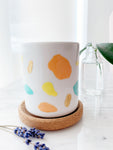 Hand Painted Porcelain Small Planter with Pure Soy Candle - Orange, Yellow, Teal, Gold Abstract