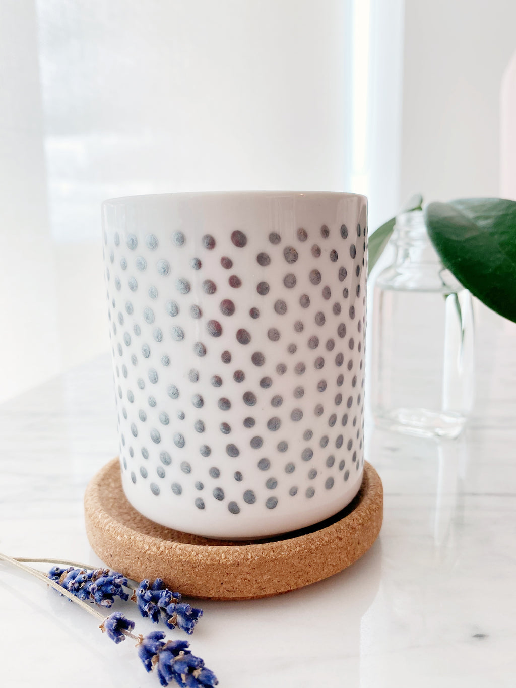 Hand Painted Porcelain Small Planter with Pure Soy Candle - Slate Grey Dots