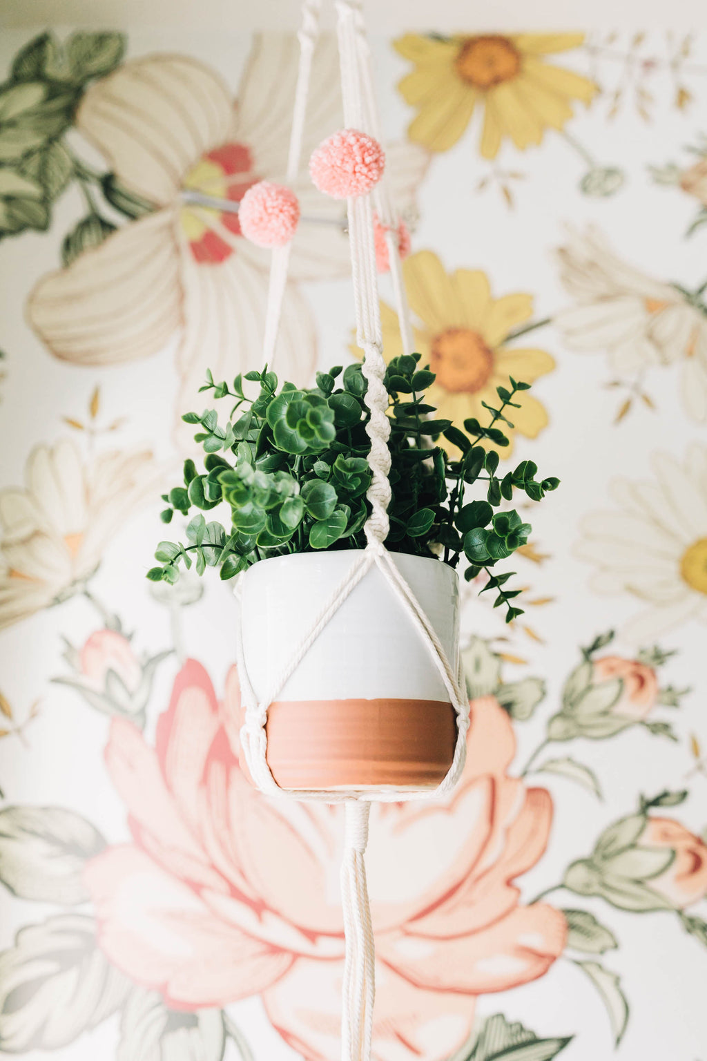 Boho Style Macrame Hanging Planter with Vintage Rose Pom Poms