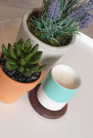Hand Painted Porcelain Small Planter with Pure Soy Candle - Teal Colour Block